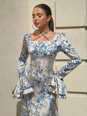 Casual Square Collar Long Sleeve Bodycon Slim Print Maxi Dress