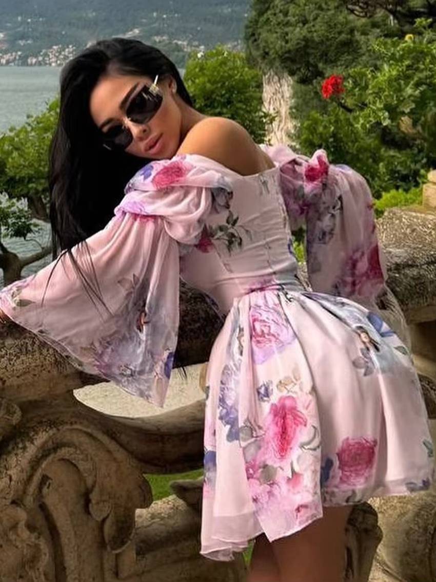 Casual Square Collar Loose High Waist Pleated Print Mini Dress