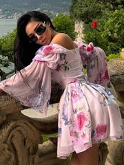Casual Square Collar Loose High Waist Pleated Print Mini Dress