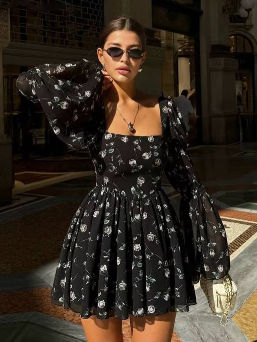 Casual Square Collar Loose High Waist Pleated Print Mini Dress