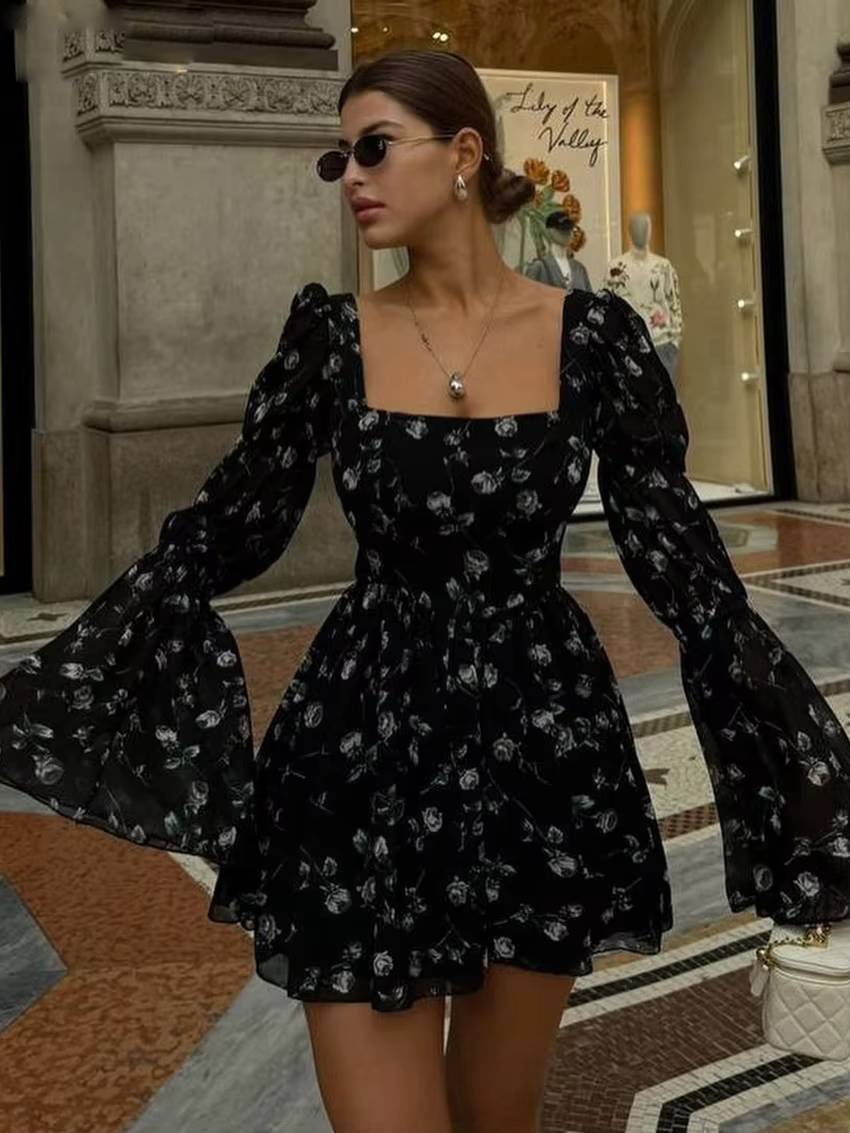 Casual Square Collar Loose High Waist Pleated Print Mini Dress