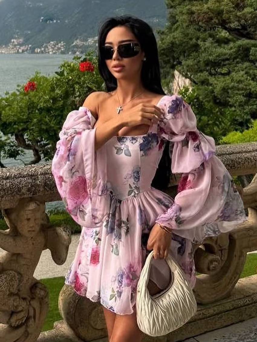 Casual Square Collar Loose High Waist Pleated Print Mini Dress