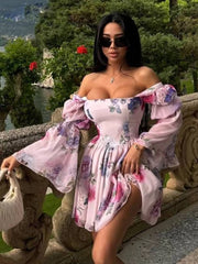 Casual Square Collar Loose High Waist Pleated Print Mini Dress