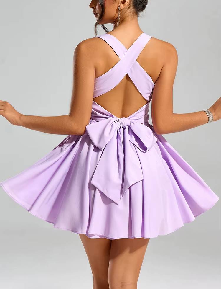 Casual Square Collar Sleeveless A-line Backless Lace Up Mini Dress
