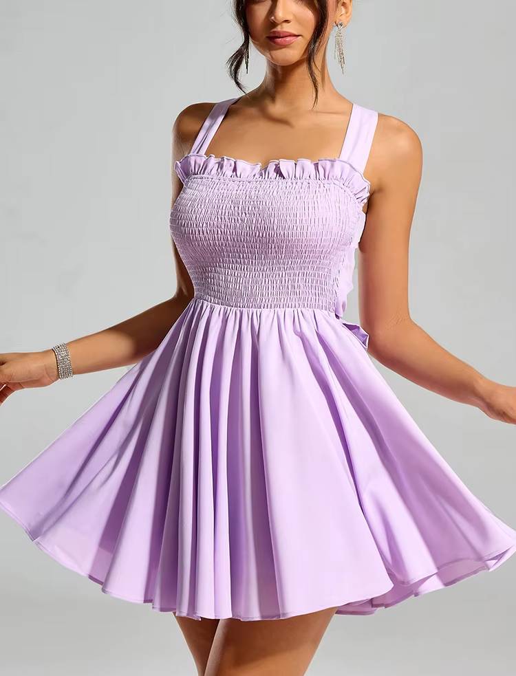 Casual Square Collar Sleeveless A-line Backless Lace Up Mini Dress