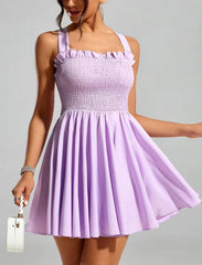 Casual Square Collar Sleeveless A-line Backless Lace Up Mini Dress