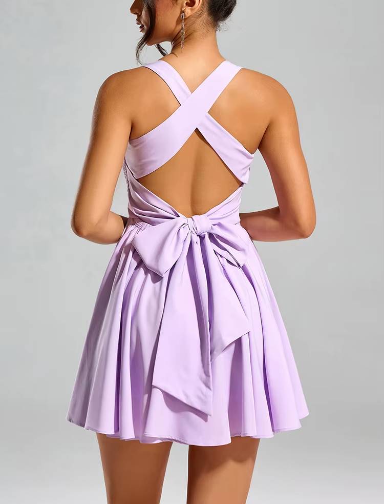 Casual Square Collar Sleeveless A-line Backless Lace Up Mini Dress
