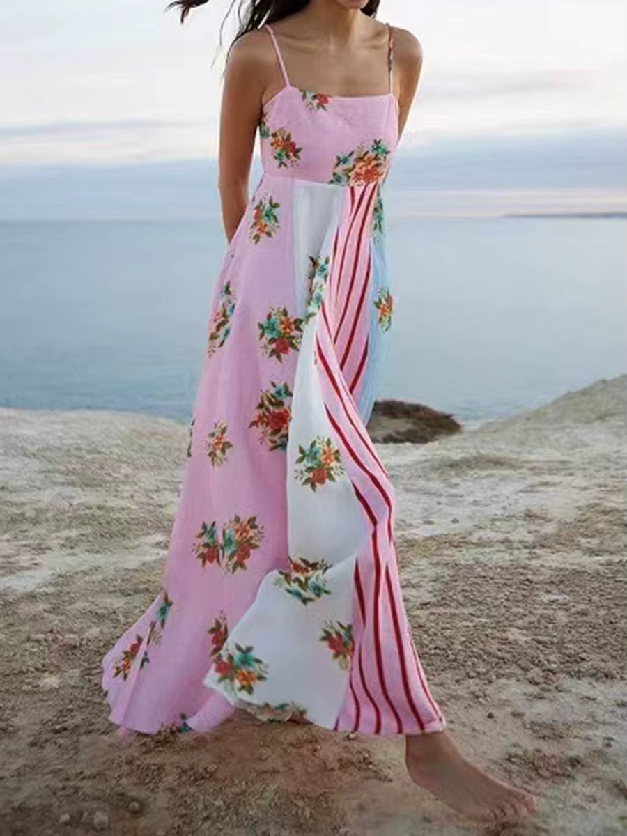 Casual Square Collar Sleeveless High Waist Patchwork Zipper Printed Maxi Dress