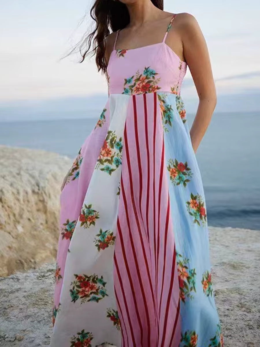 Casual Square Collar Sleeveless High Waist Patchwork Zipper Printed Maxi Dress