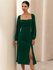 Casual Square Neck Lace-Up Backless Birthday Party Prom Slit Midi Dress