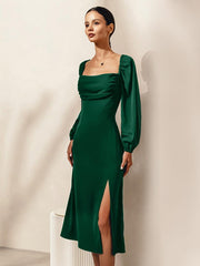 Casual Square Neck Lace-Up Backless Birthday Party Prom Slit Midi Dress
