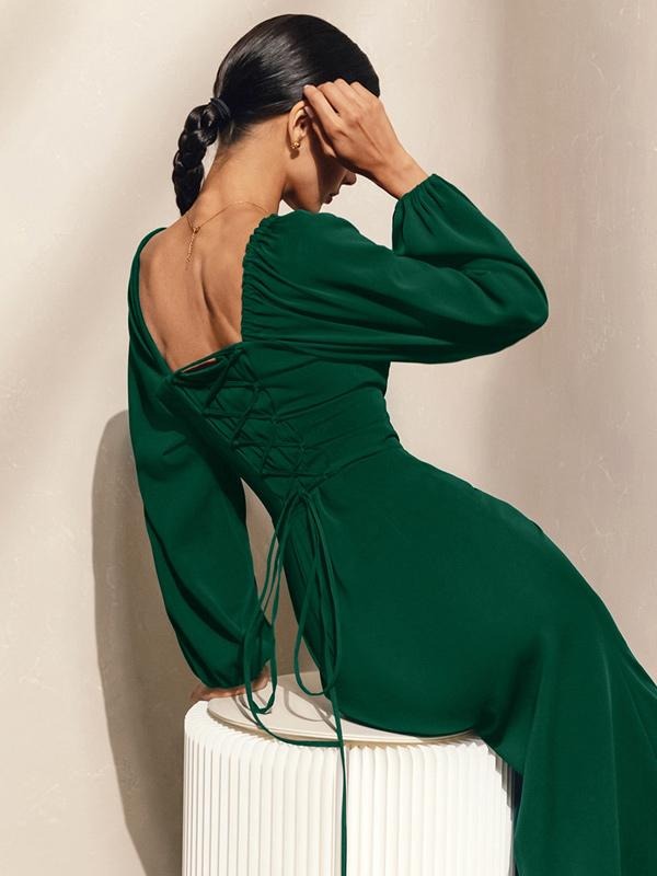 Casual Square Neck Lace-Up Backless Birthday Party Prom Slit Midi Dress
