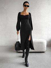 Casual Square Neck Lace-Up Backless Birthday Party Prom Slit Midi Dress