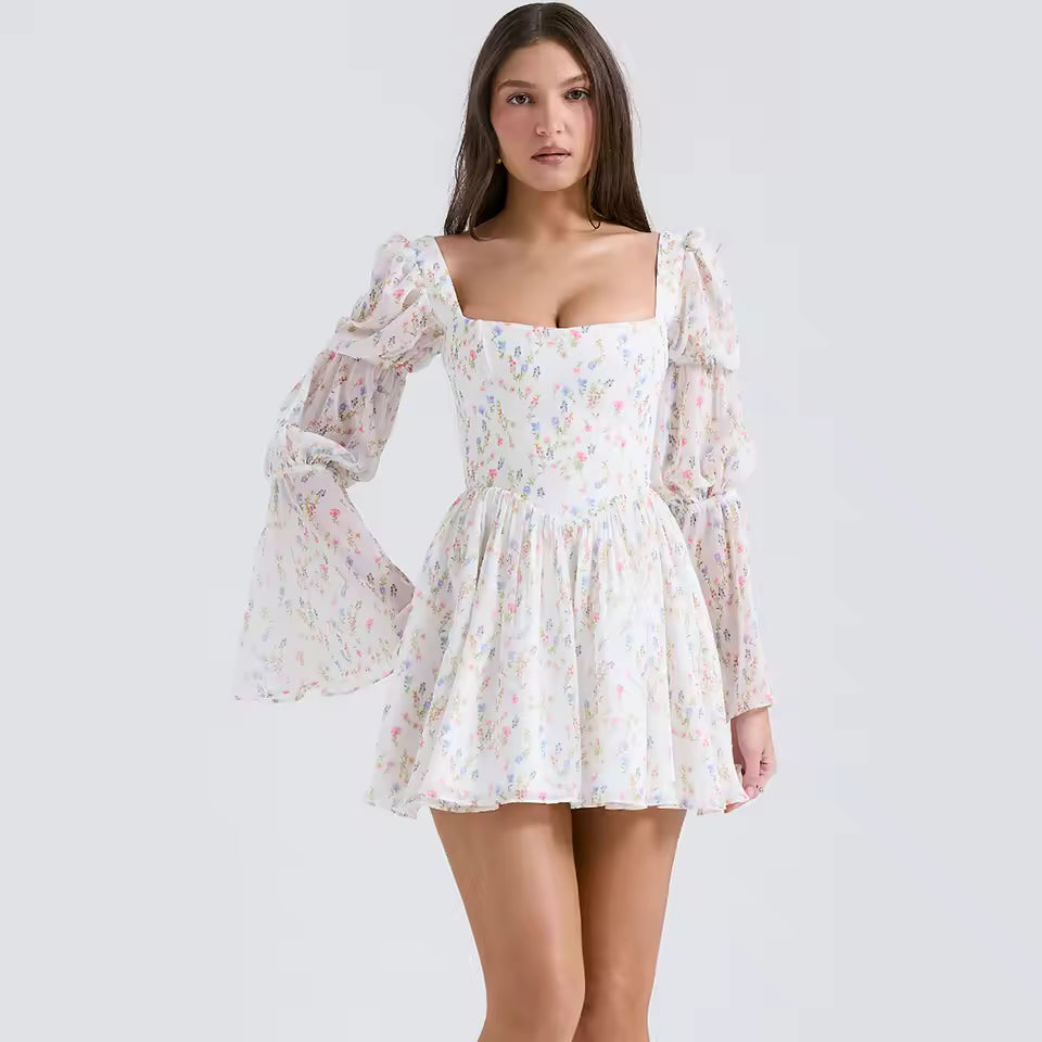 Casual Square Neck Lantern Sleeve Chiffon Mini Dress