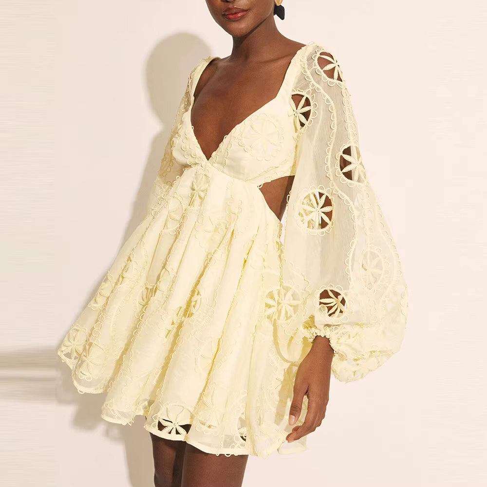 Casual Square Neck Long Sleeves Patchwork Applique Solid Mini Dress