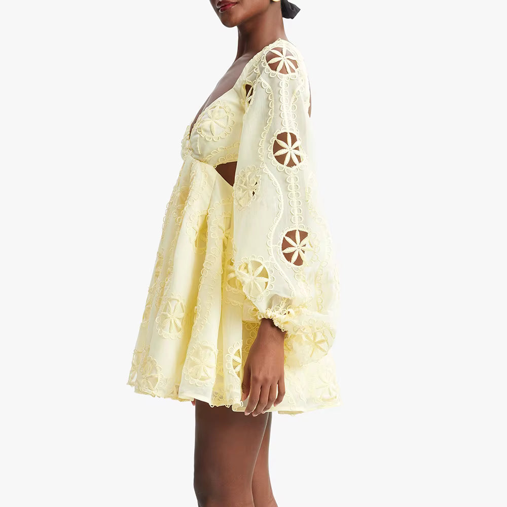 Casual Square Neck Long Sleeves Patchwork Applique Solid Mini Dress