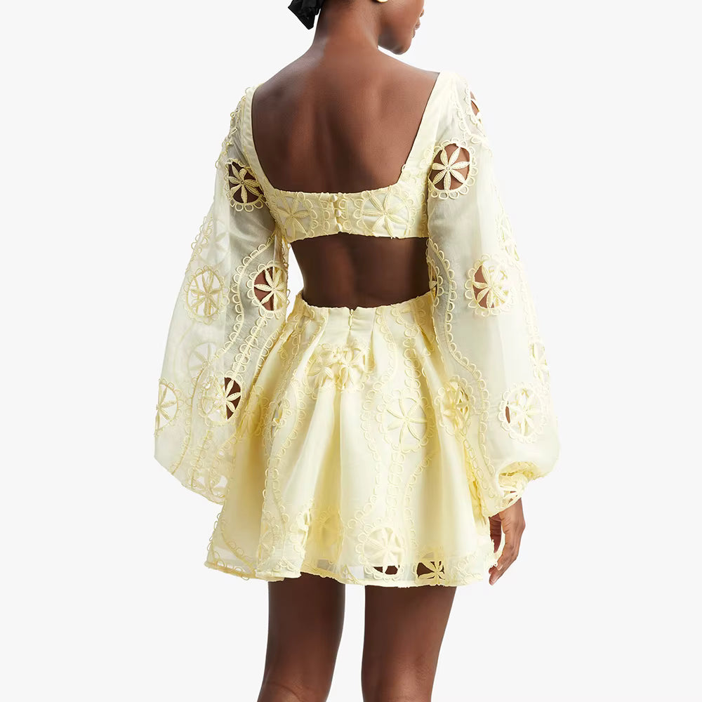 Casual Square Neck Long Sleeves Patchwork Applique Solid Mini Dress