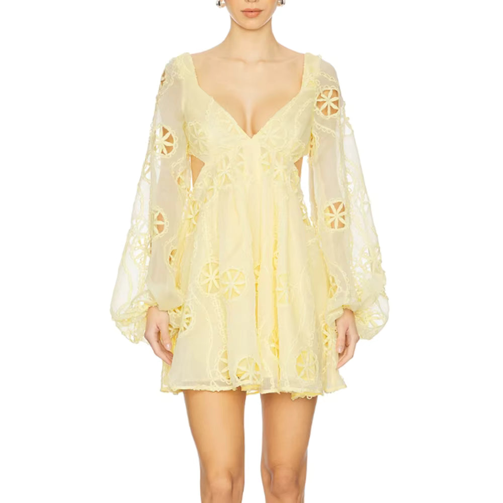 Casual Square Neck Long Sleeves Patchwork Applique Solid Mini Dress