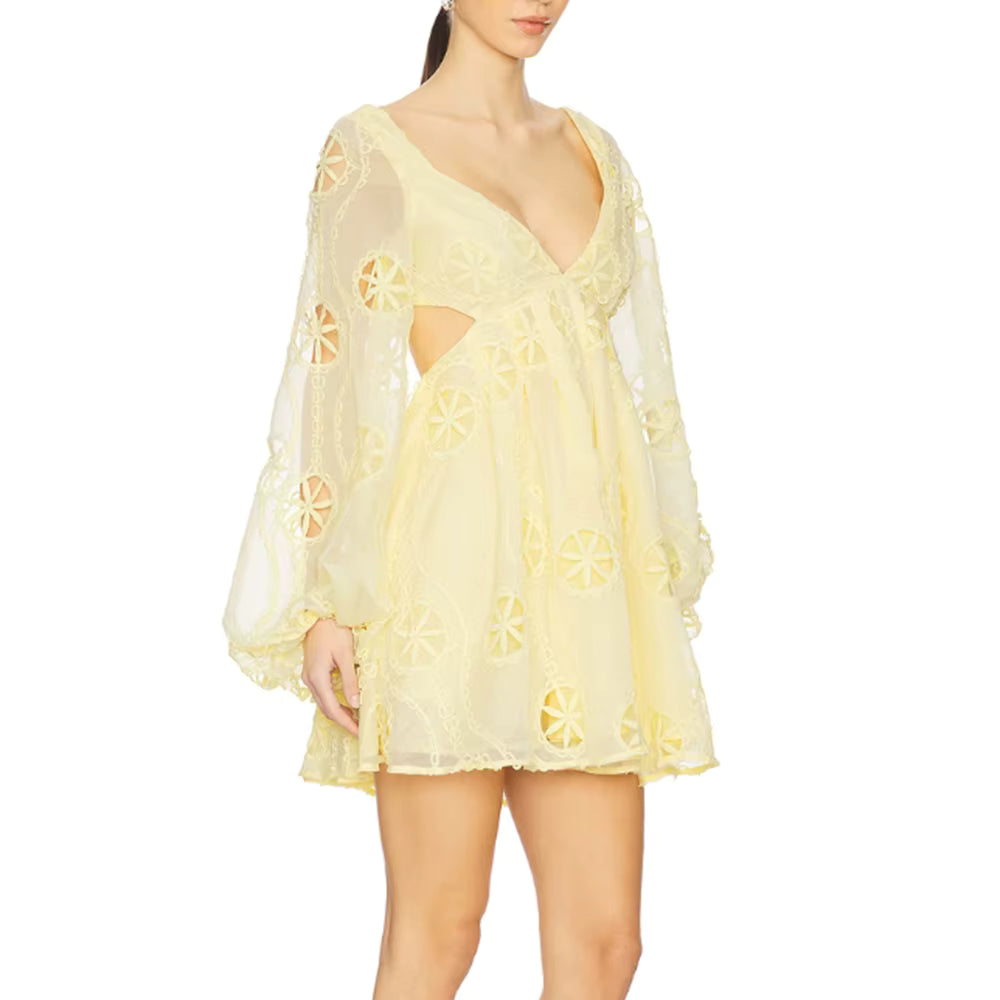 Casual Square Neck Long Sleeves Patchwork Applique Solid Mini Dress