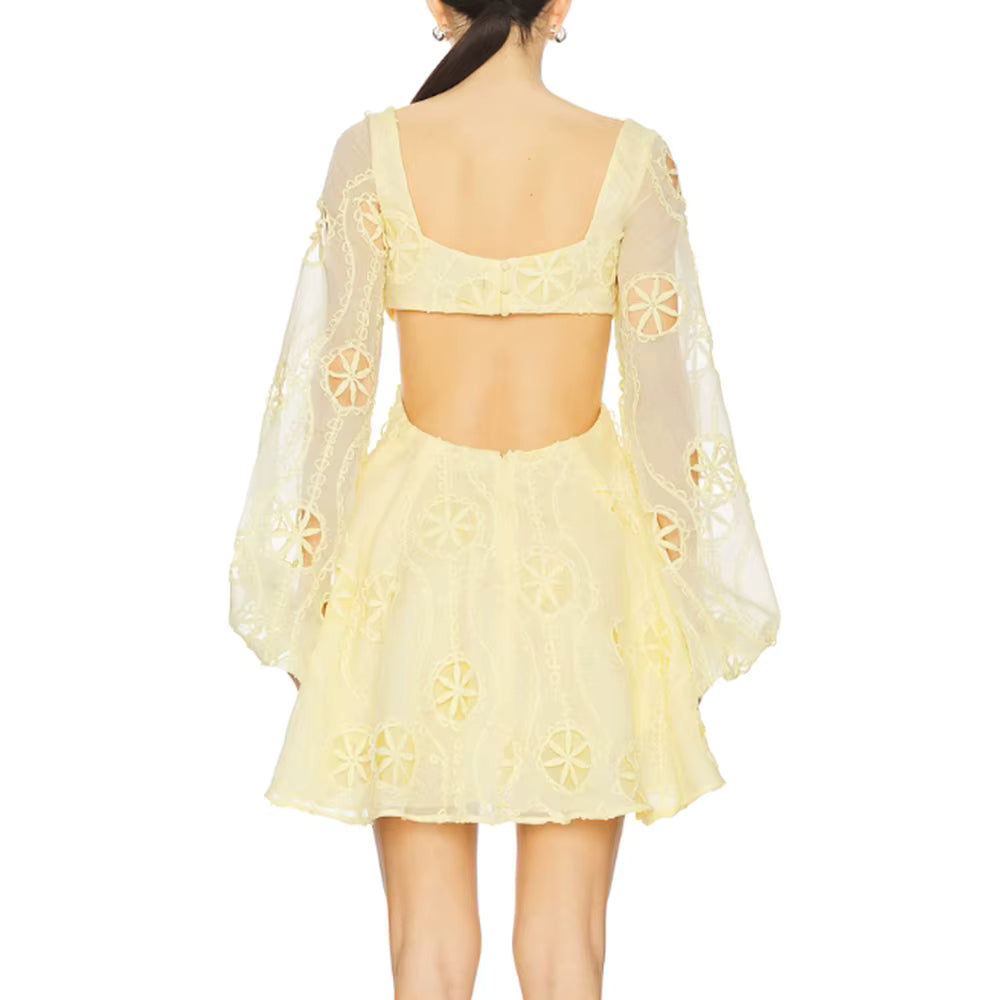 Casual Square Neck Long Sleeves Patchwork Applique Solid Mini Dress