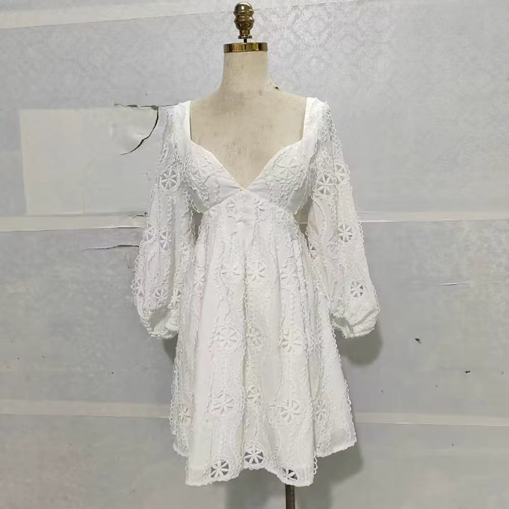 Casual Square Neck Long Sleeves Patchwork Applique Solid Mini Dress