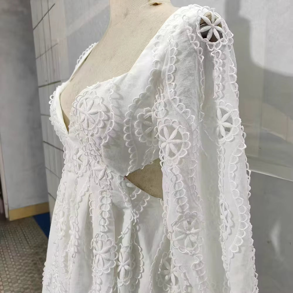 Casual Square Neck Long Sleeves Patchwork Applique Solid Mini Dress