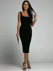 Casual Square Neck Loose Slight Stretch Mid-Calf Dresses