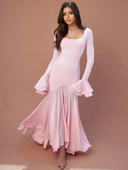 Casual Square Neck Polyester Long Sleeve Mermaid Maxi Dress