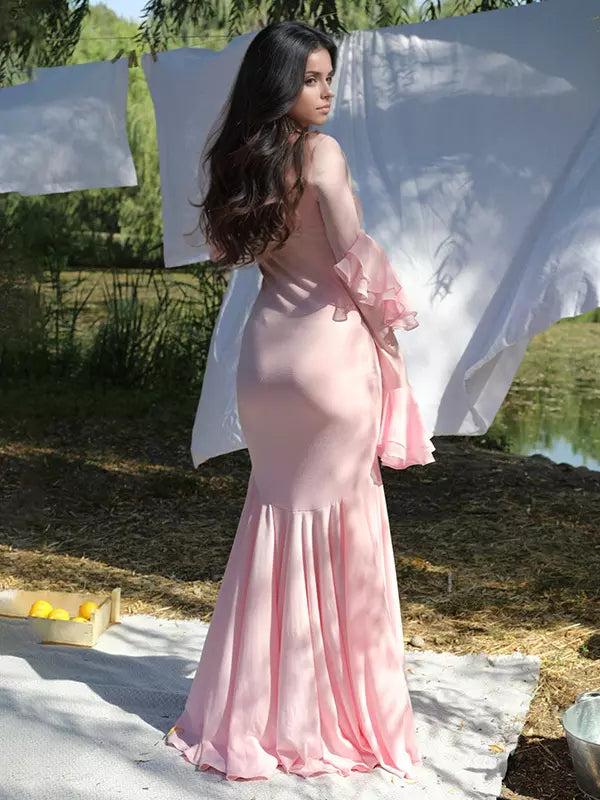 Casual Square Neck Polyester Long Sleeve Mermaid Maxi Dress