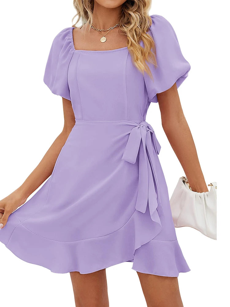 Casual Square Neck Ruffle Short Sleeve  Loose Polyester Mini Dress
