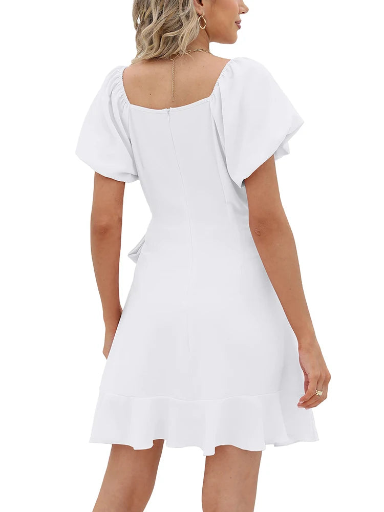 Casual Square Neck Ruffle Short Sleeve  Loose Polyester Mini Dress
