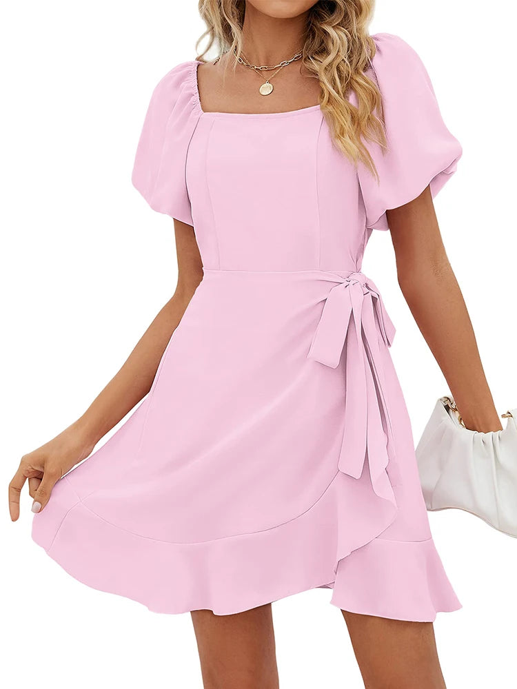 Casual Square Neck Ruffle Short Sleeve  Loose Polyester Mini Dress