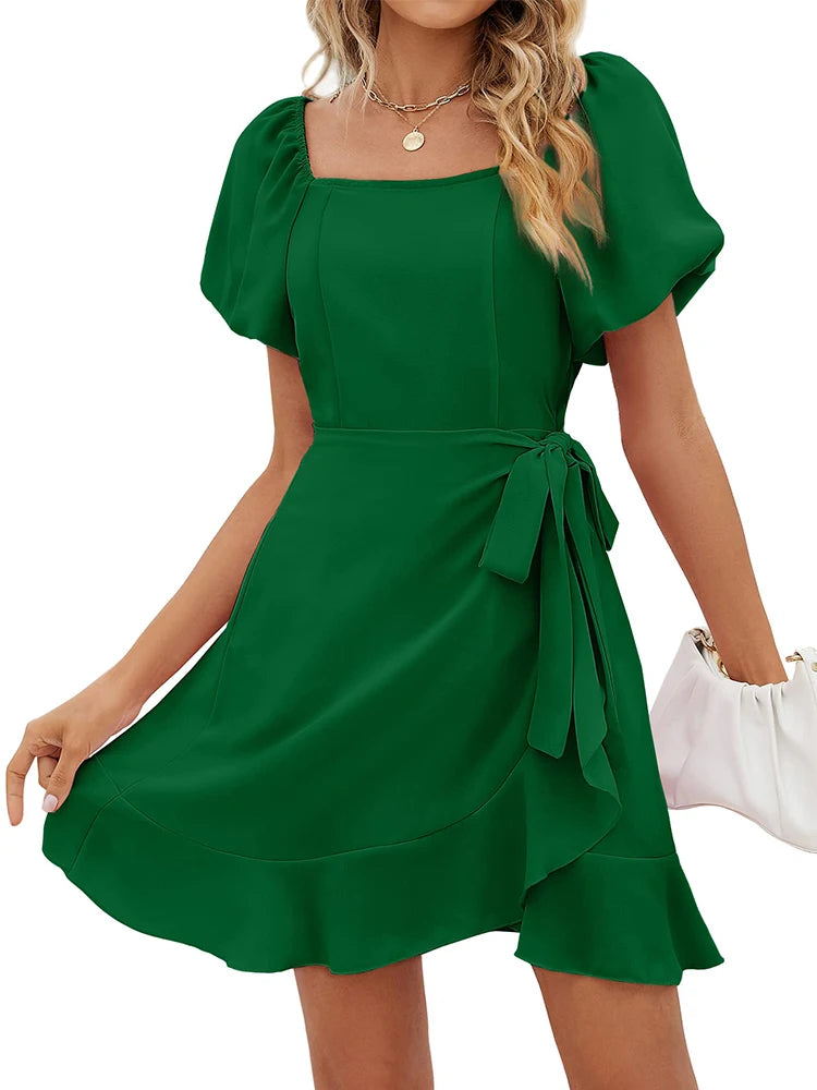Casual Square Neck Ruffle Short Sleeve  Loose Polyester Mini Dress