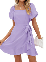 Casual Square Neck Ruffle Short Sleeve  Loose Polyester Mini Dress