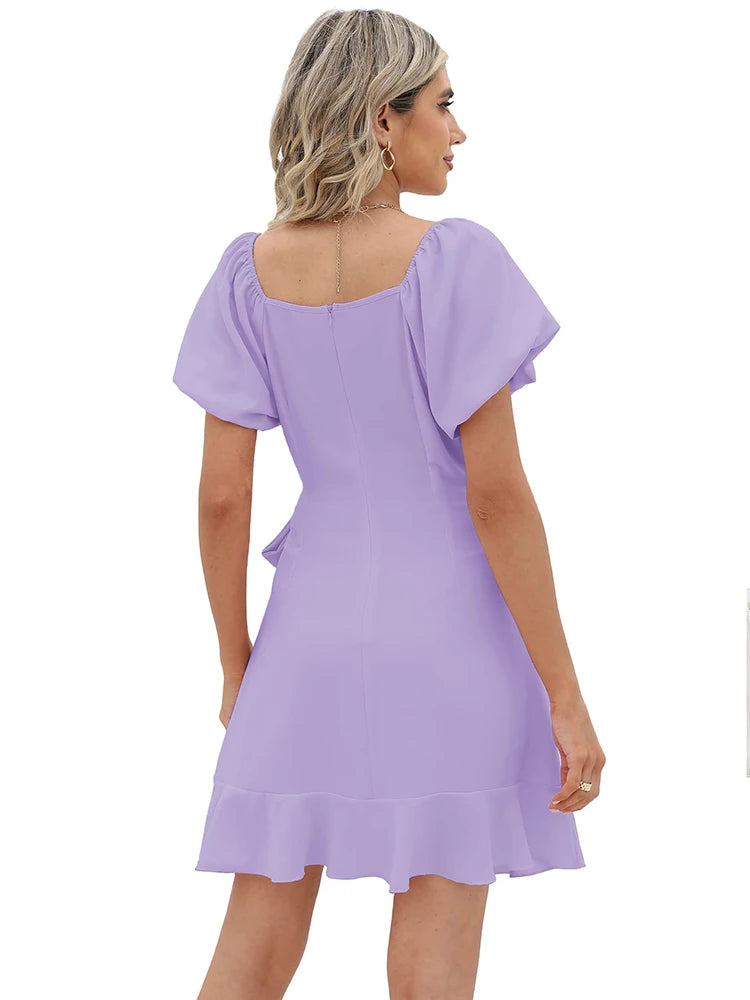 Casual Square Neck Ruffle Short Sleeve  Loose Polyester Mini Dress