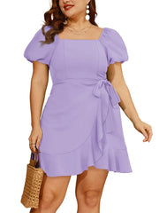 Casual Square Neck Ruffle Short Sleeve  Loose Polyester Mini Dress