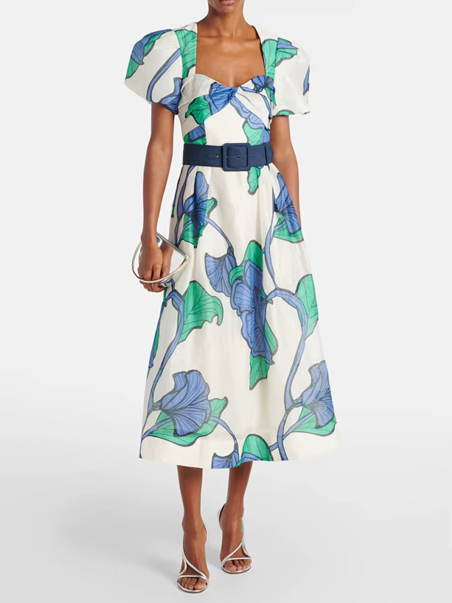Casual Square Neck Short Sleeve High Waist Printing Slimming Spliced Belt Midi Dress