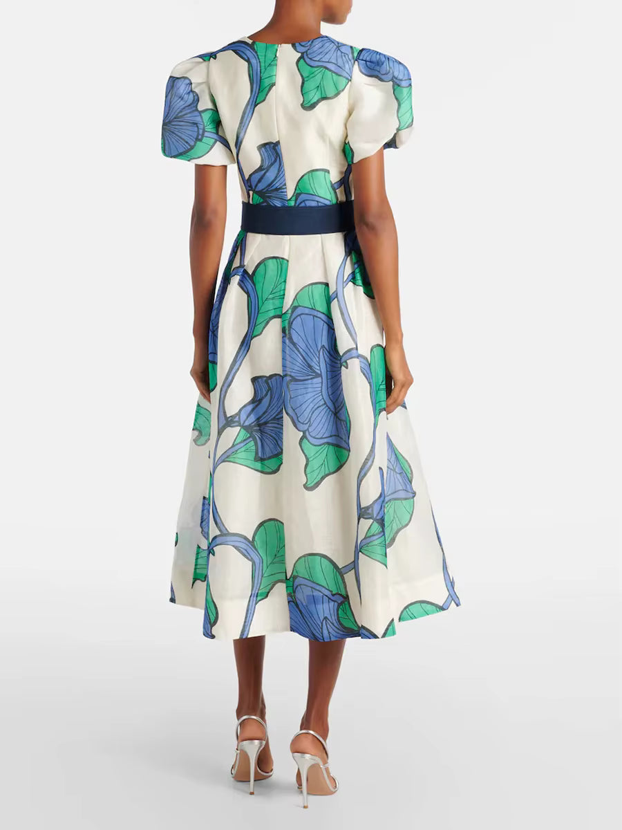 Casual Square Neck Short Sleeve High Waist Printing Slimming Spliced Belt Midi Dress