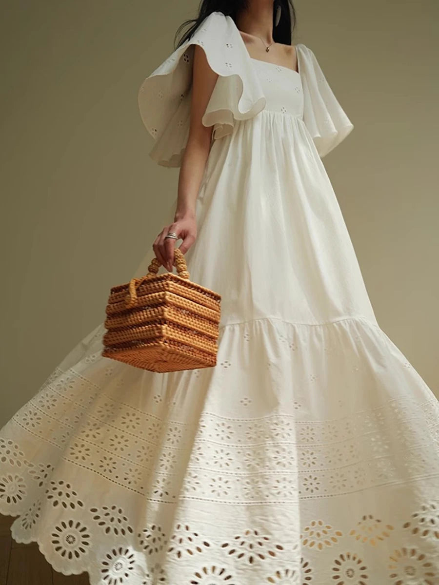 Casual Square Neck Short Sleeve High Waist Temperament Dress