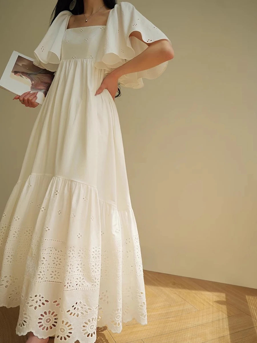 Casual Square Neck Short Sleeve High Waist Temperament Dress