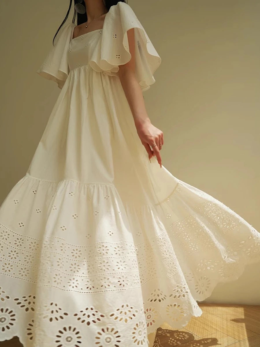 Casual Square Neck Short Sleeve High Waist Temperament Dress