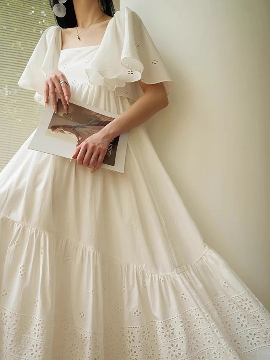 Casual Square Neck Short Sleeve High Waist Temperament Dress