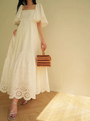 Casual Square Neck Short Sleeve High Waist Temperament Dress