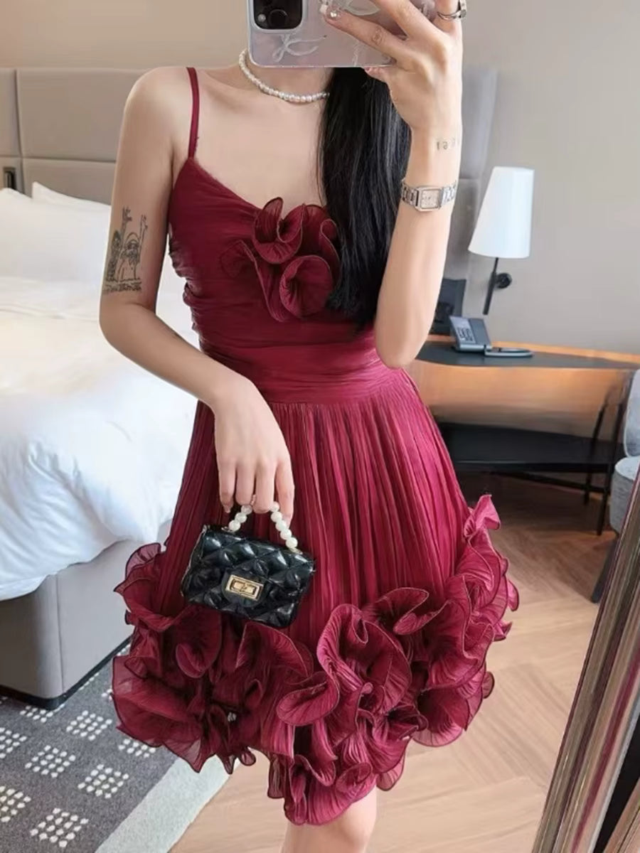 Casual Square Neck Sleeveless High Waist Patchwork Folds Solid Appliques Mini Dresses