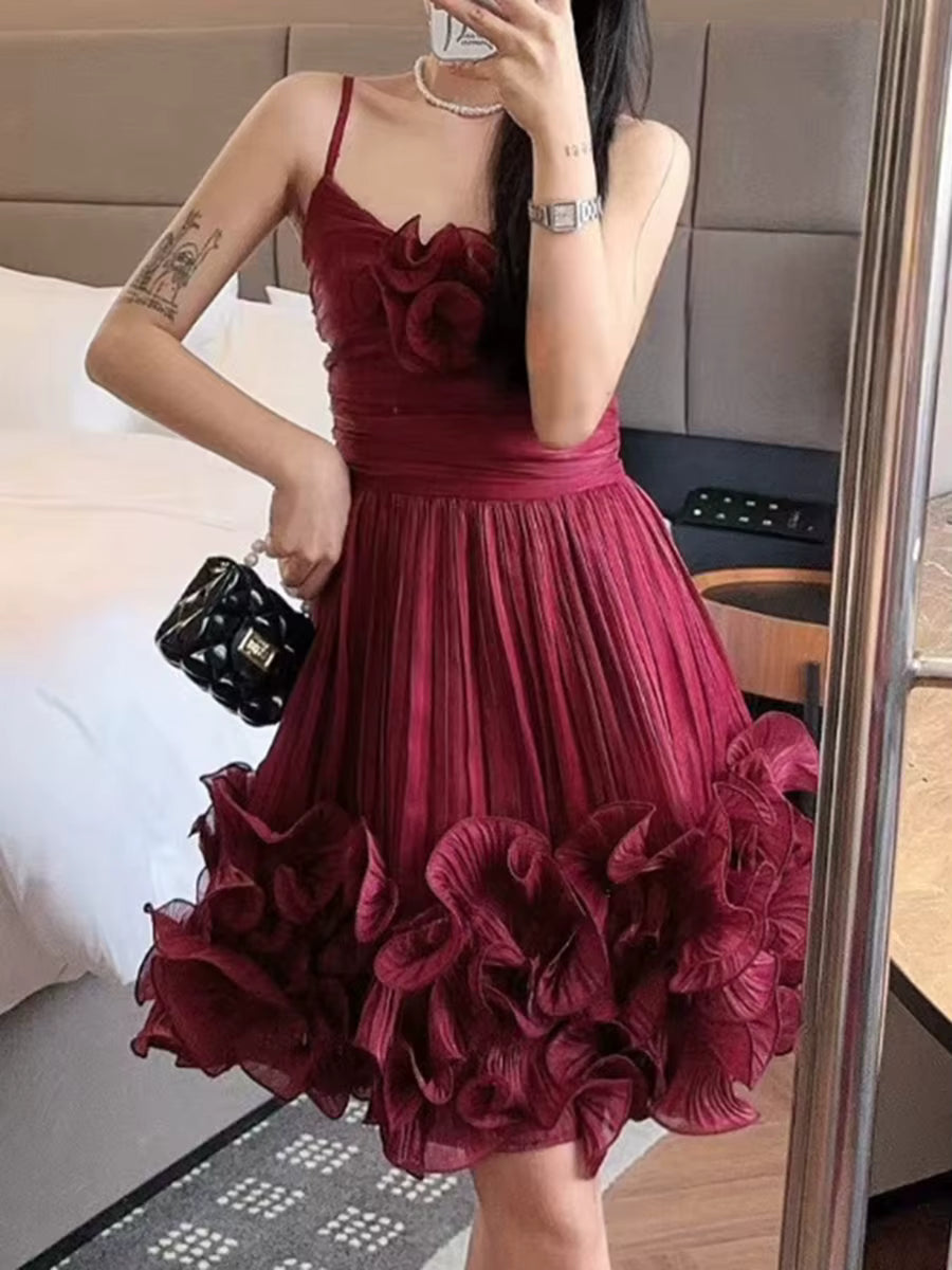 Casual Square Neck Sleeveless High Waist Patchwork Folds Solid Appliques Mini Dresses