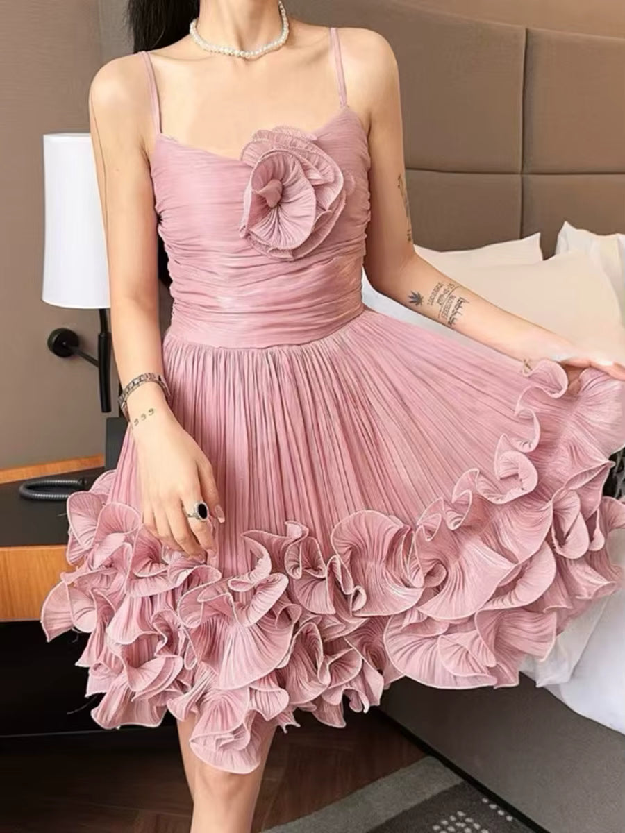 Casual Square Neck Sleeveless High Waist Patchwork Folds Solid Appliques Mini Dresses