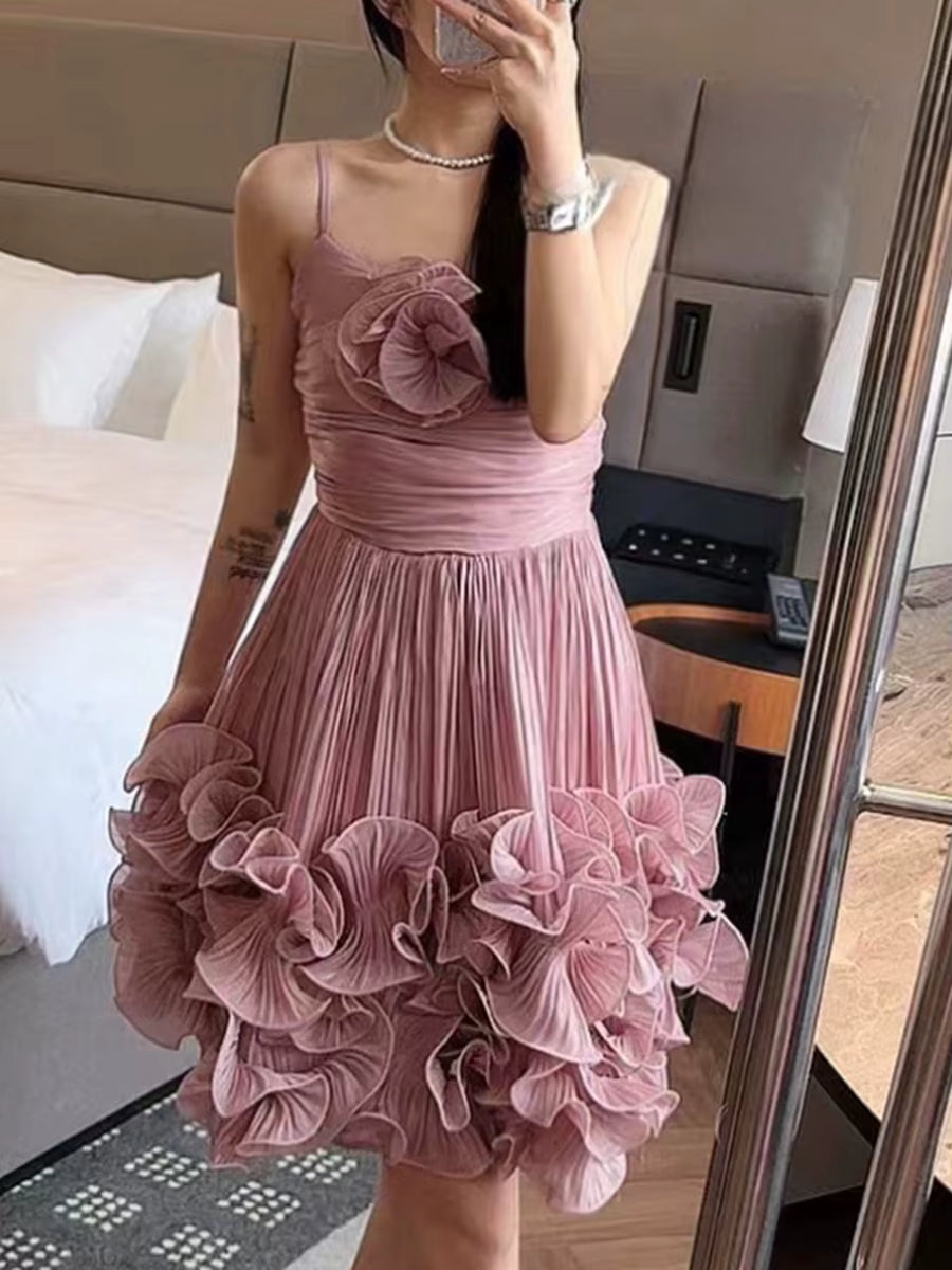 Casual Square Neck Sleeveless High Waist Patchwork Folds Solid Appliques Mini Dresses