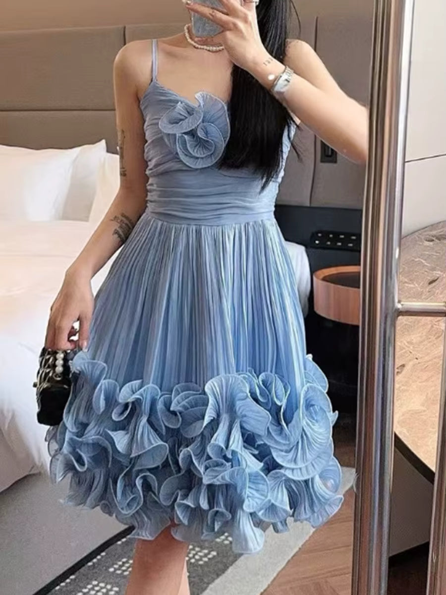 Casual Square Neck Sleeveless High Waist Patchwork Folds Solid Appliques Mini Dresses