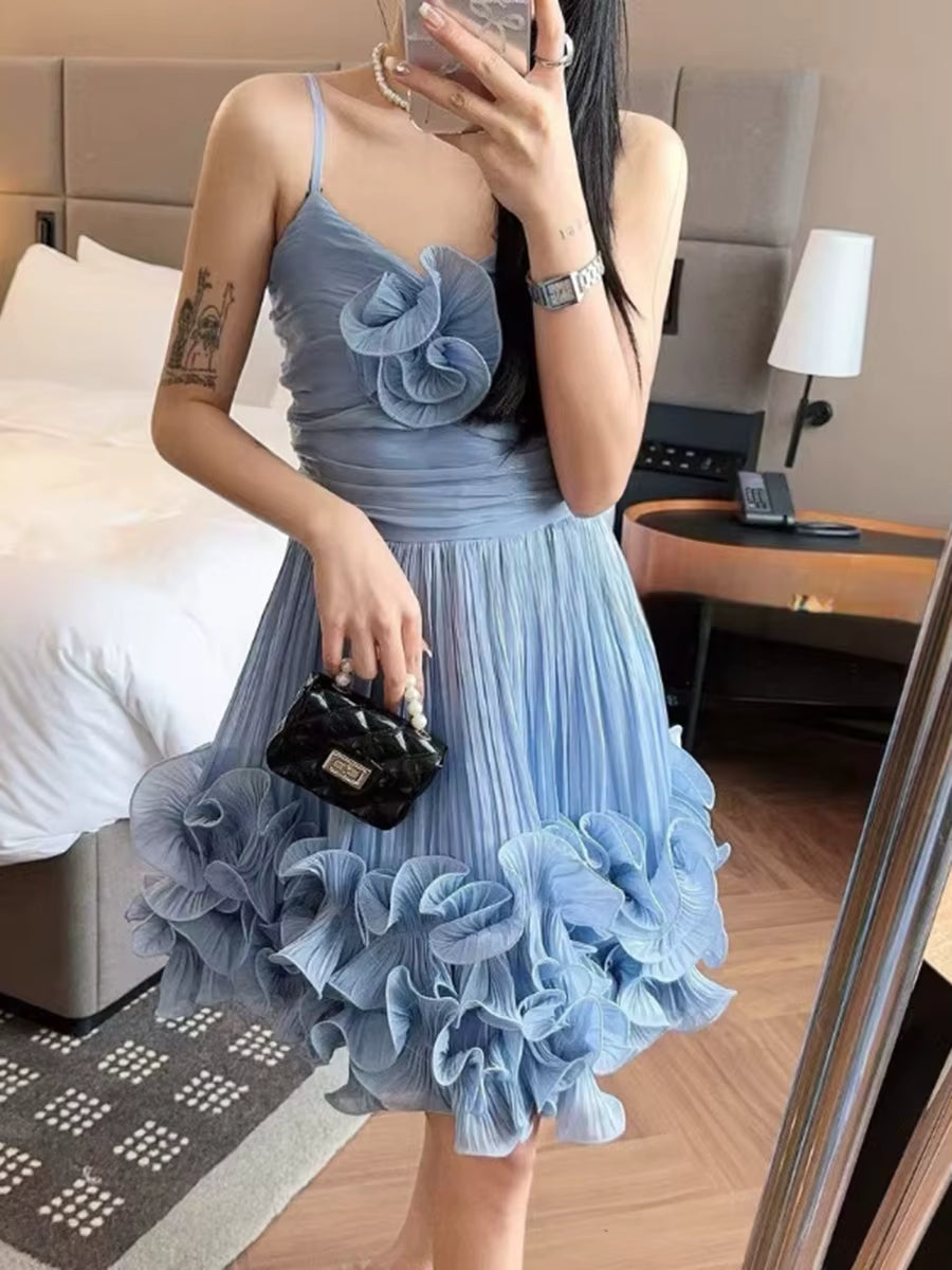 Casual Square Neck Sleeveless High Waist Patchwork Folds Solid Appliques Mini Dresses