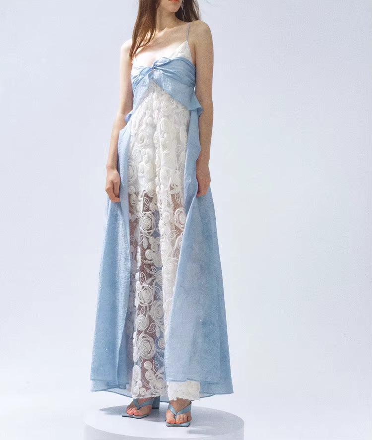 Casual Square Neck Sleeveless Patchwork Applique Loose Spliced Sheer Maxi Dresses